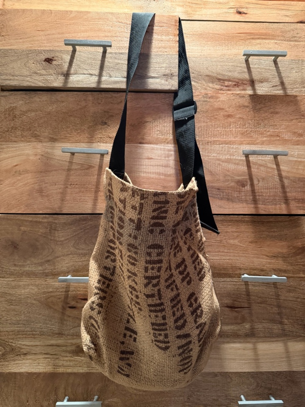 Upcycled Jute Burlap Tote Bag with Black Adjustable Strap